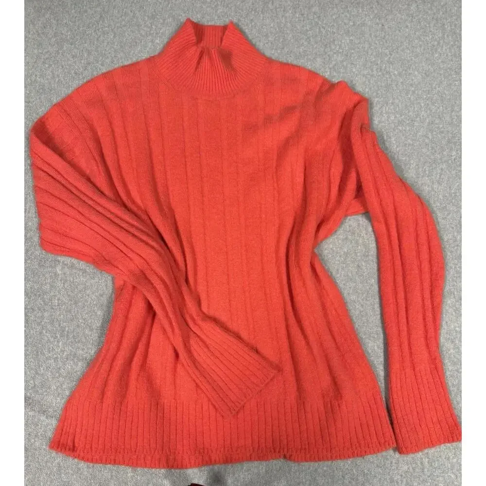 J.Crew Sweater Coral Orange Turtle Neck Merino Wool Alpaca Ribbed Pullover Sz M‎